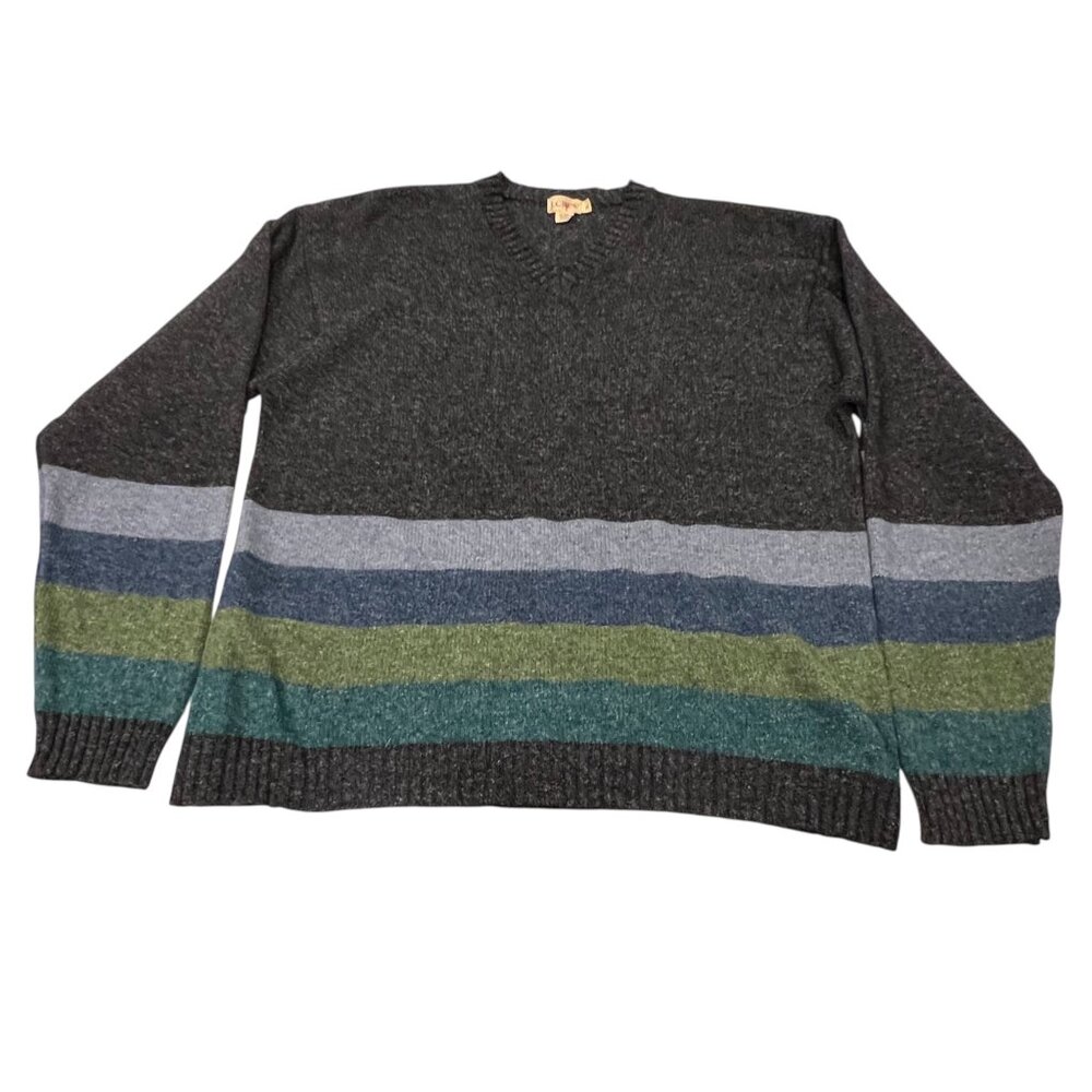 J Crew Vintage Wool Linen Striped V-neck Sweater, Gray, XL